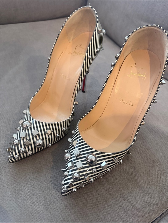 Christian Louboutin Shoes - Christian Louboutin Black & White Striped Studded Pigalle Pumps
